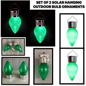 Brand NWT Set of 2 Outdoor Solar LED Green Light Bulb Shaped Hanging Decoration